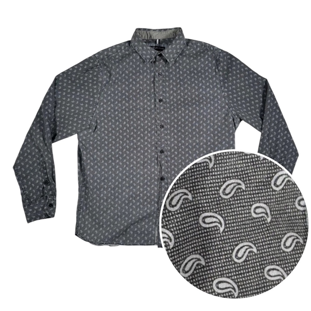 English Laundry Mens Large Gray Paisley Long Sleeve Cotton Button Down Shirt